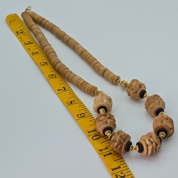 Chunky‎ Statement Necklace Wood Disc Beaded Gold Tone Boho Tribal Natural Brown - Picture 6 of 8